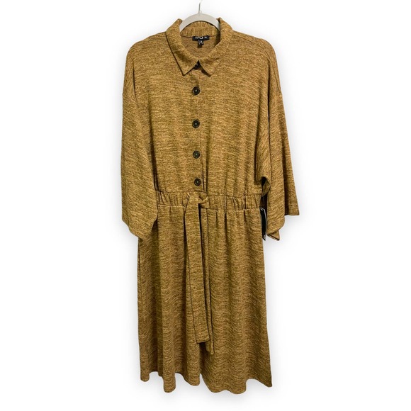 Sami & Jo Heathered Brown Tan Gold Drop Sleeve Elastic Waist Collar Dress Sz 2X - Picture 1 of 10